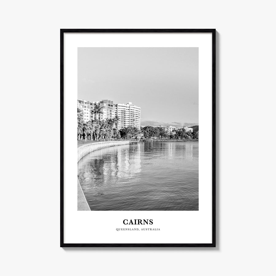 Cairns black & white classic poster of Queensland, Australia – vertical wall art, unframed print shown in interior mockup