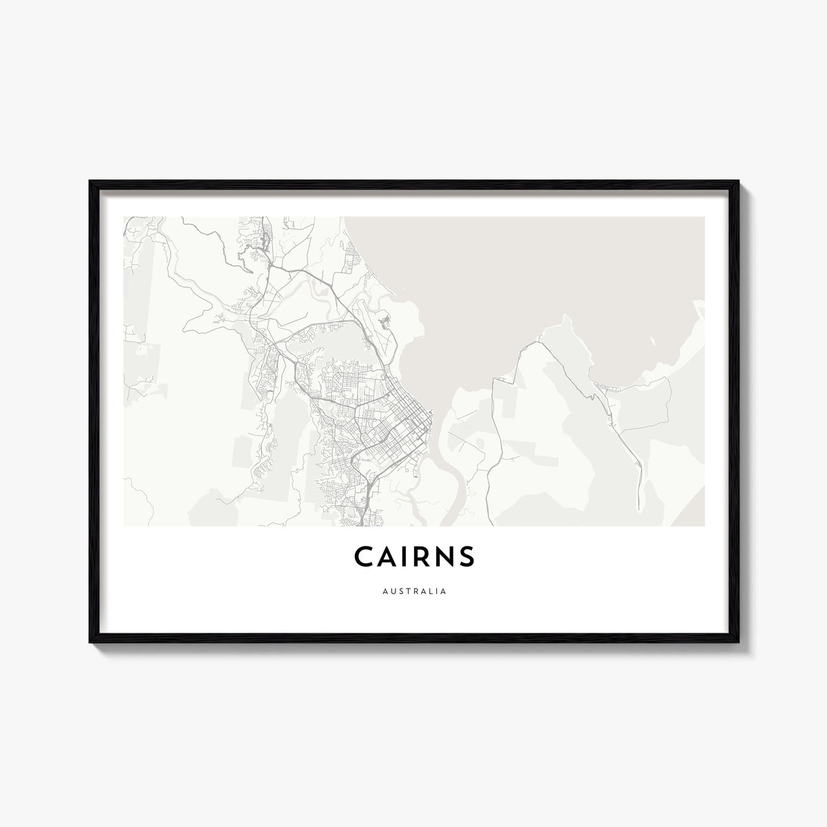 Cairns black & white map poster of Queensland, Australia – horizontal wall art, unframed print shown in interior mockup