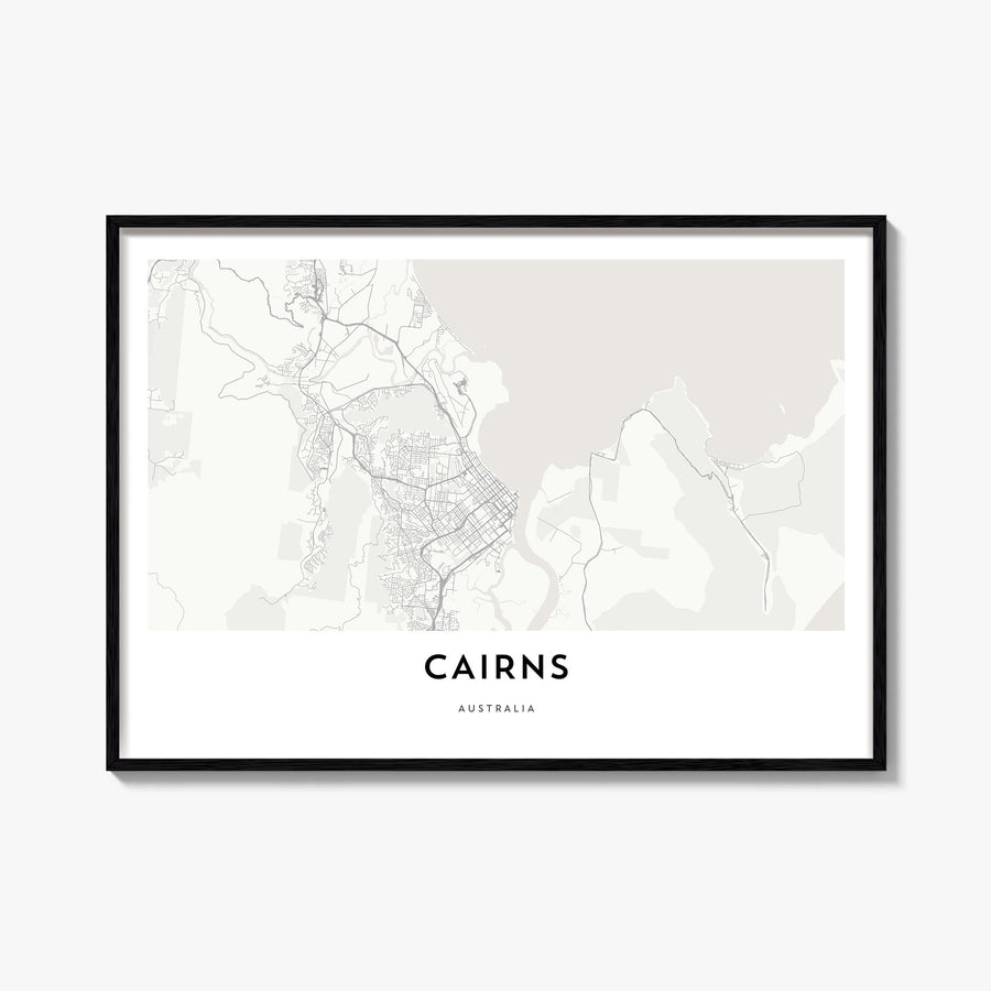 Cairns black & white map poster of Queensland, Australia – horizontal wall art, unframed print shown in interior mockup
