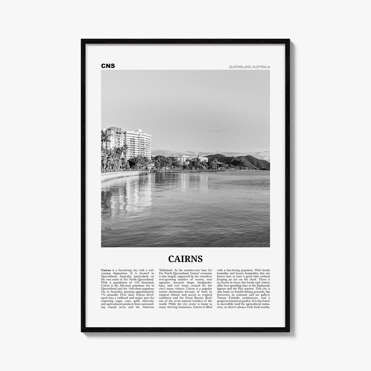 Cairns black & white newspaper poster of Queensland, Australia – vertical wall art, unframed print shown in interior mockup