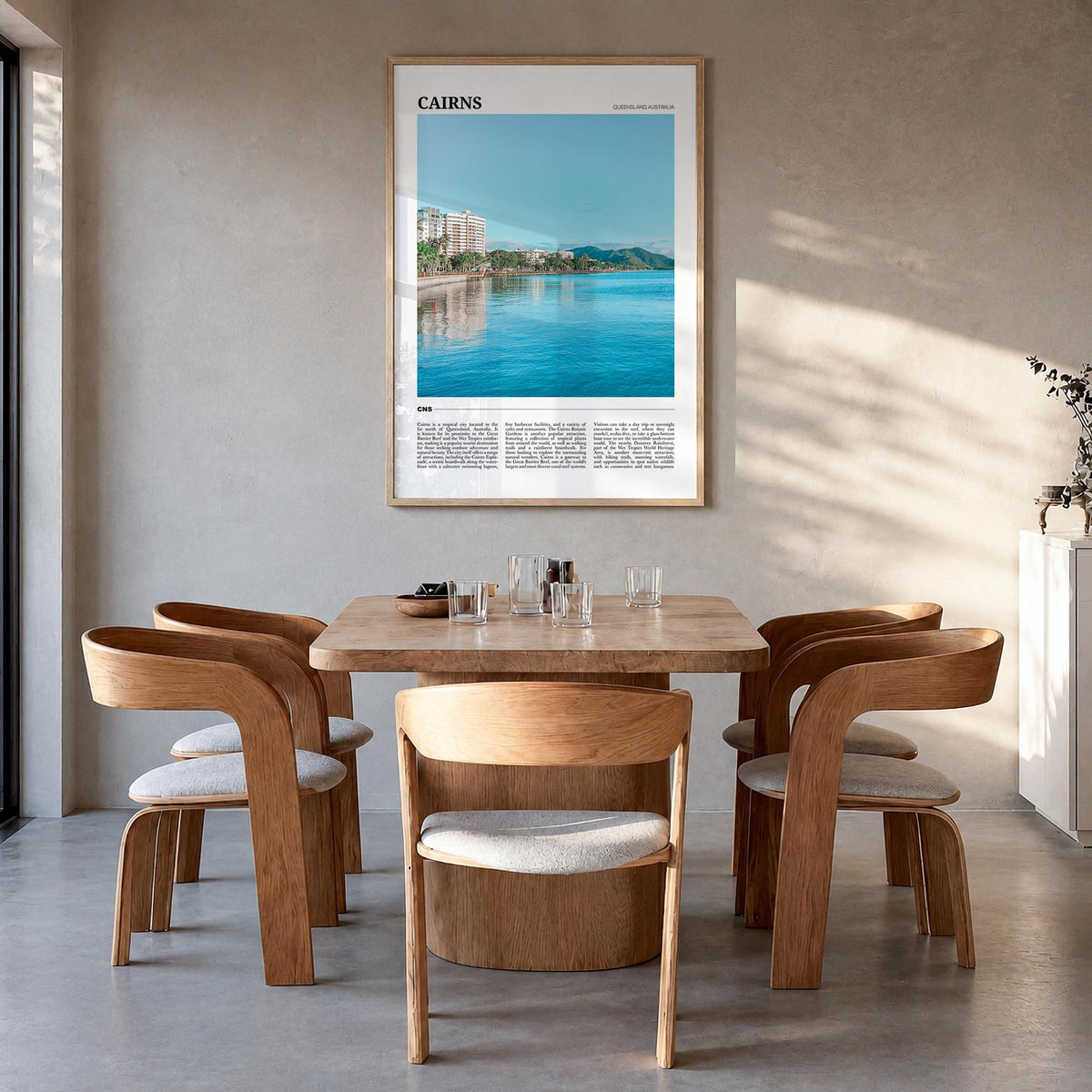 Cairns colorful travel poster of Queensland, Australia – vertical wall art in natural wood frame, hanging on wall