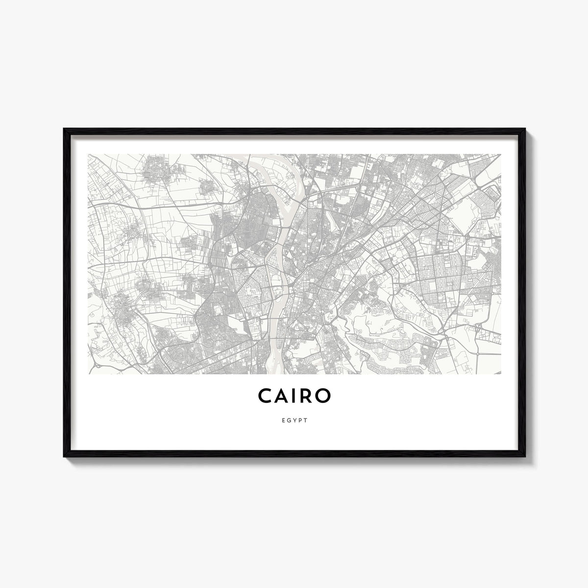 Cairo black & white map poster of Egypt – horizontal wall art, unframed print shown in interior mockup