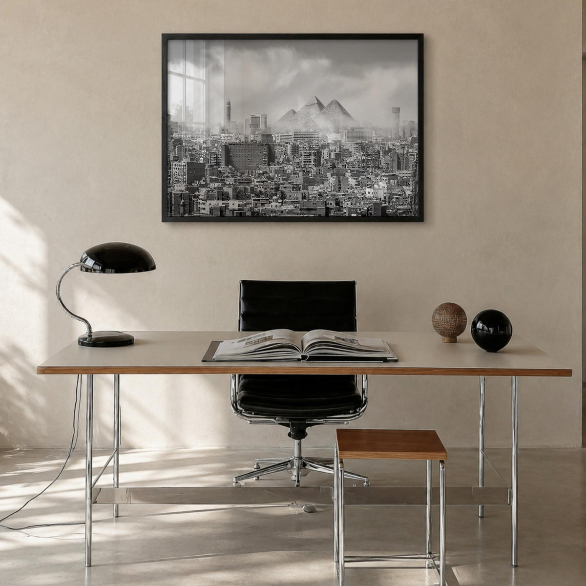 Cairo black & white photo poster of Egypt – horizontal wall art in black wood frame, hanging on wall