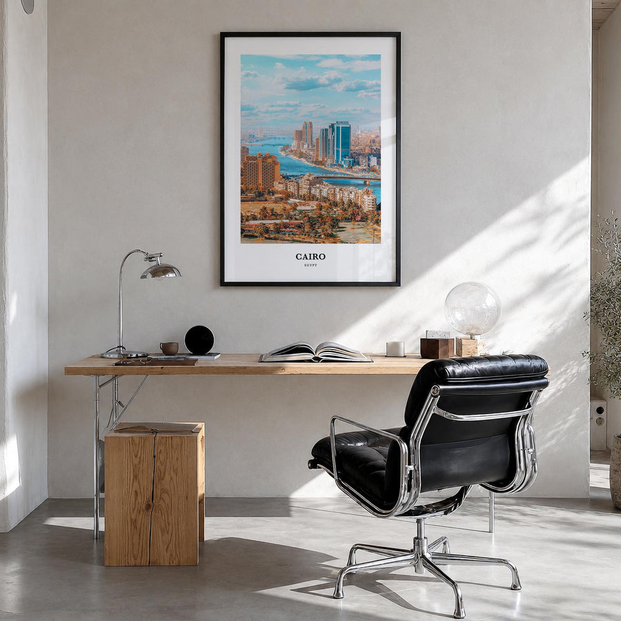 Cairo colorful classic poster of Egypt – vertical wall art in black wood frame, hanging on wall