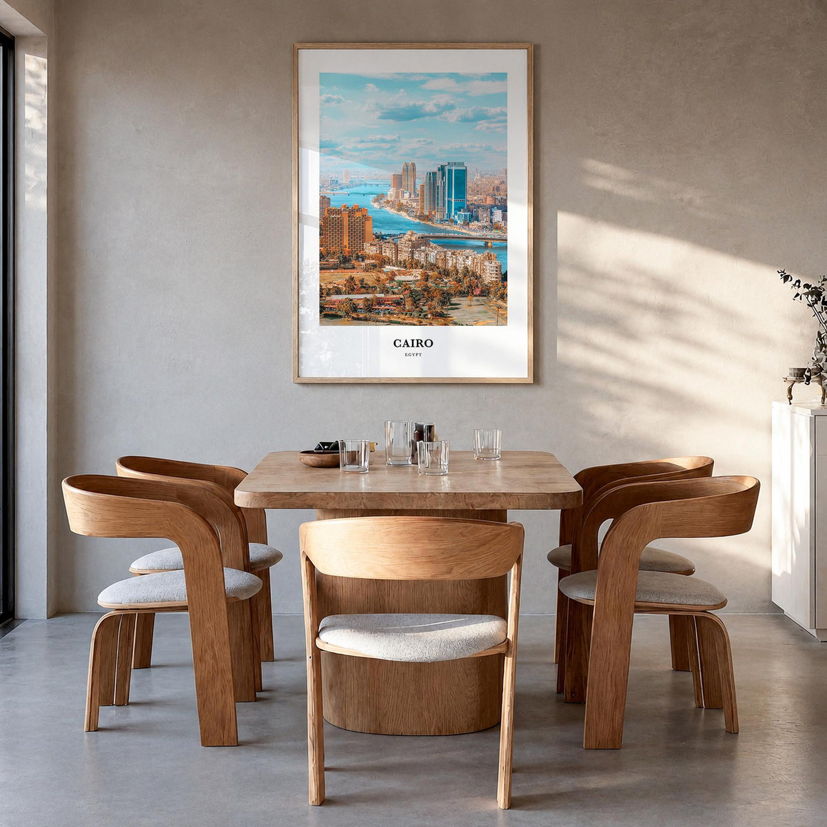 Cairo colorful classic poster of Egypt – vertical wall art in natural wood frame, hanging on wall