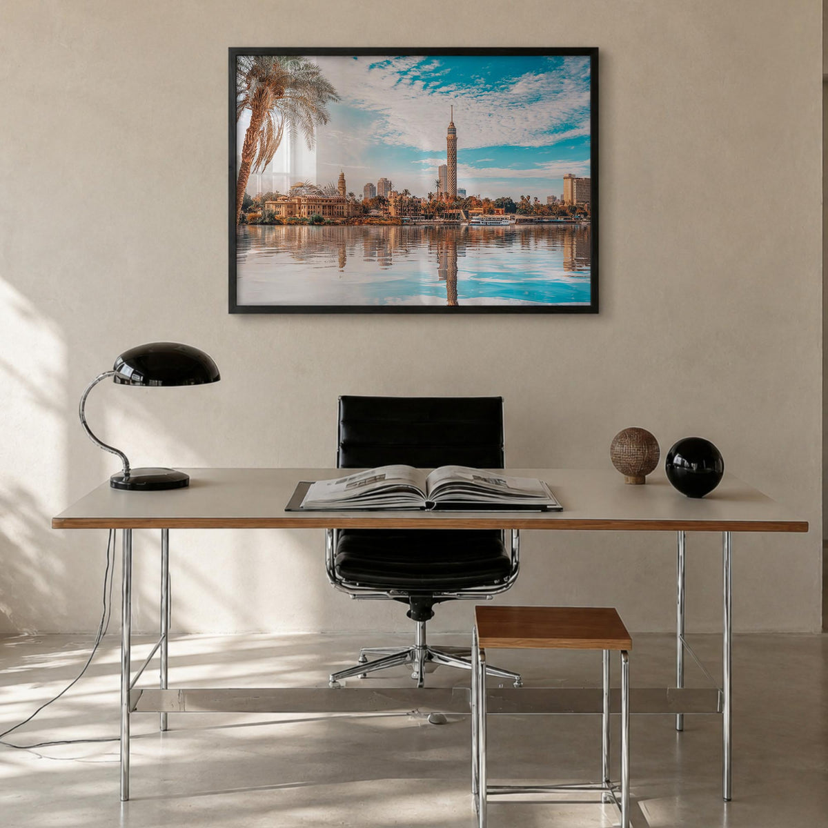 Cairo colorful photo poster of Egypt – horizontal wall art in black wood frame, hanging on wall