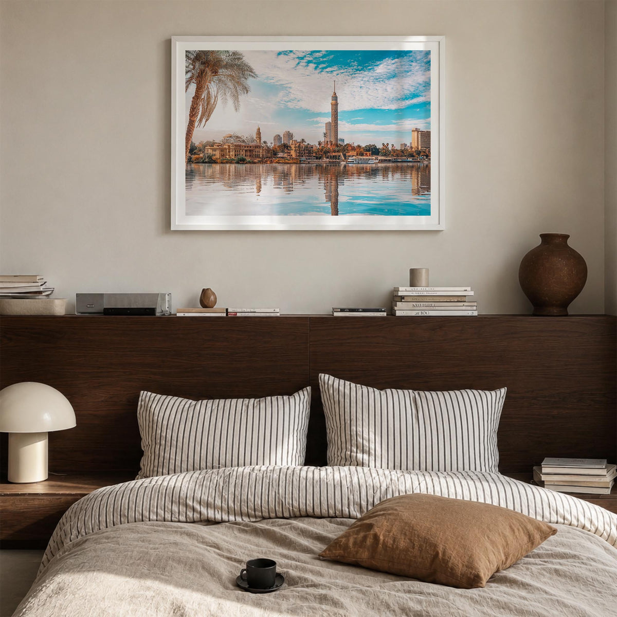Cairo colorful photo poster of Egypt – horizontal wall art in white wood frame with white border, hanging on wall