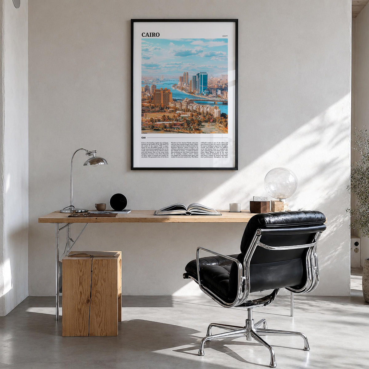 Cairo colorful travel poster of Egypt – vertical wall art in black wood frame, hanging on wall