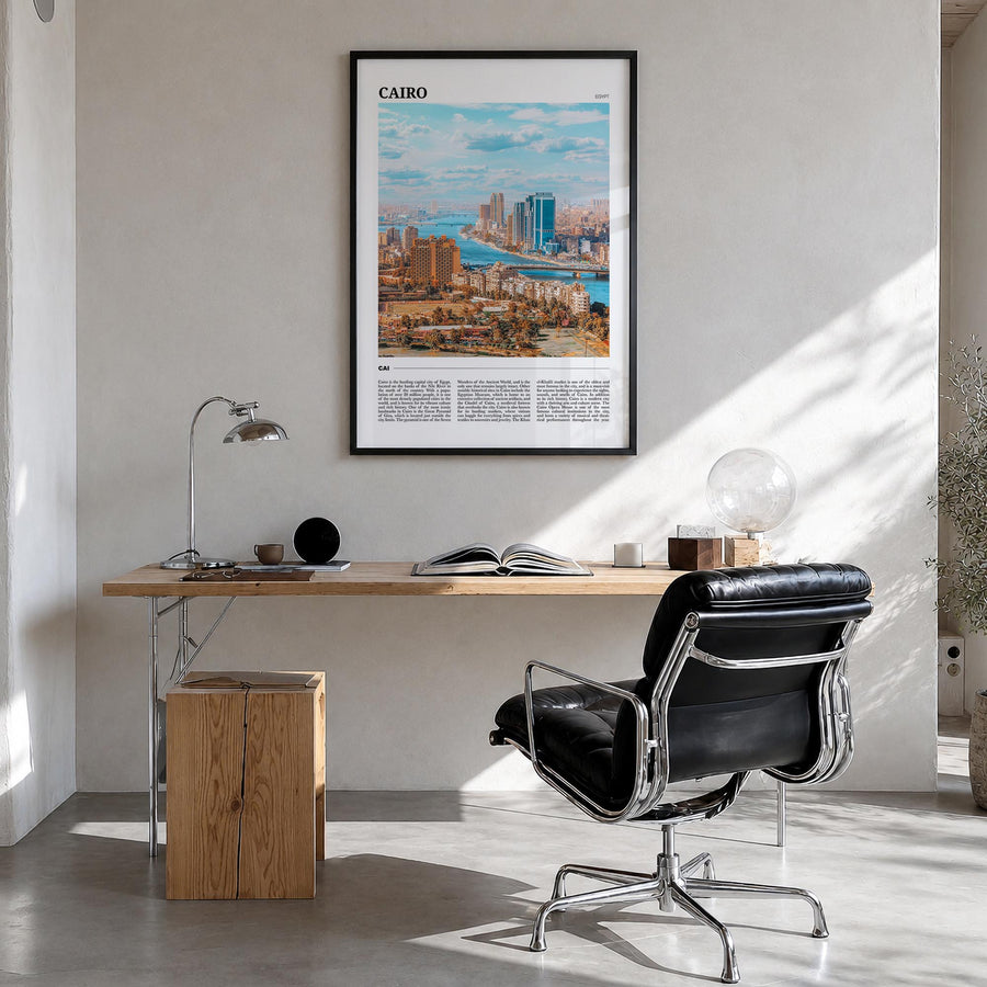Cairo colorful travel poster of Egypt – vertical wall art in black wood frame, hanging on wall