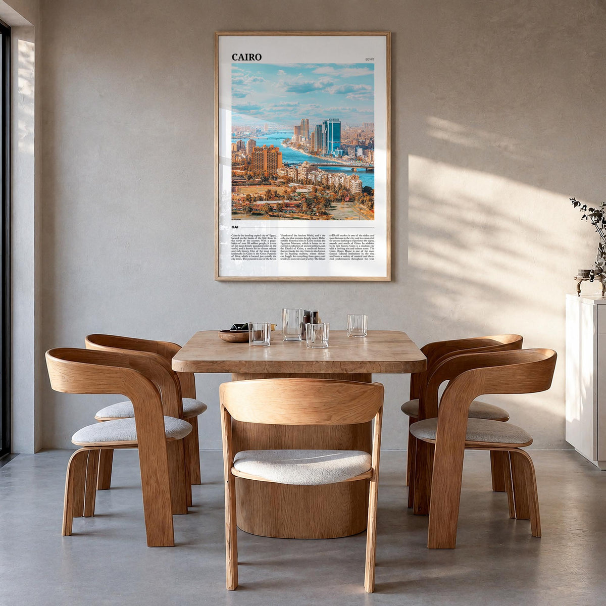 Cairo colorful travel poster of Egypt – vertical wall art in natural wood frame, hanging on wall