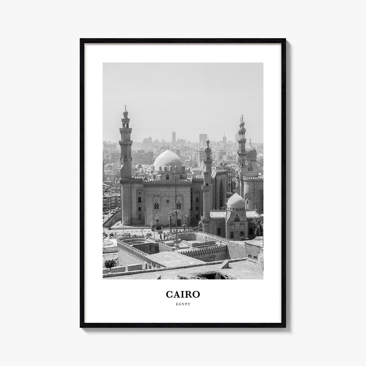 Cairo no. 1 black & white classic poster of Egypt – vertical wall art, unframed print shown in interior mockup