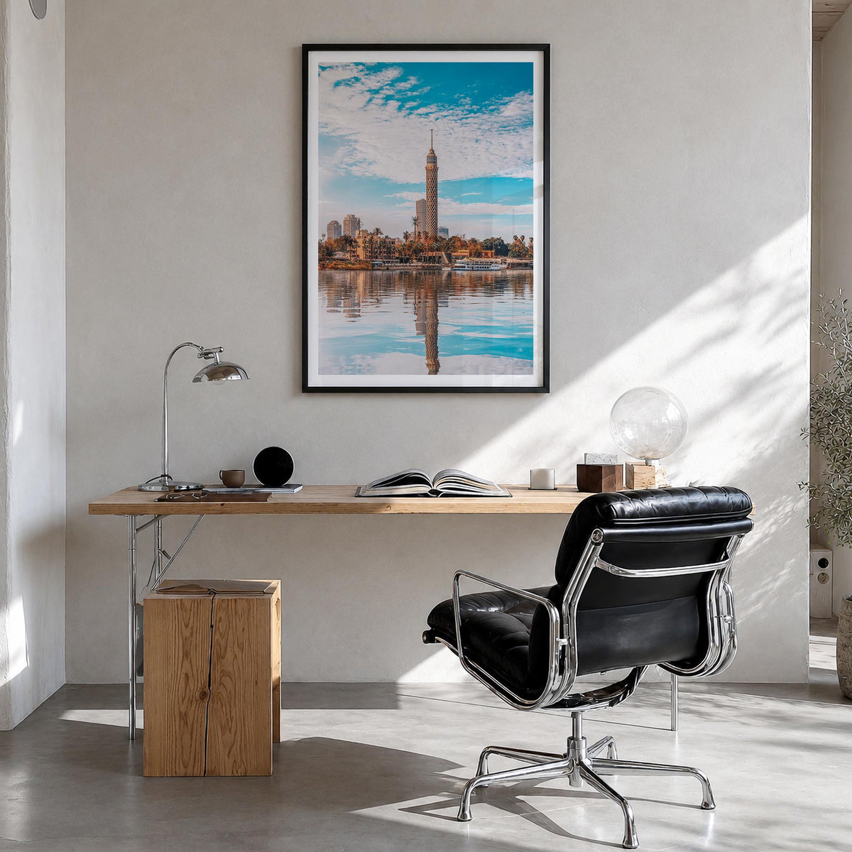 Cairo no. 1 colorful photo poster of Egypt – vertical wall art in black wood frame with white border, hanging on wall