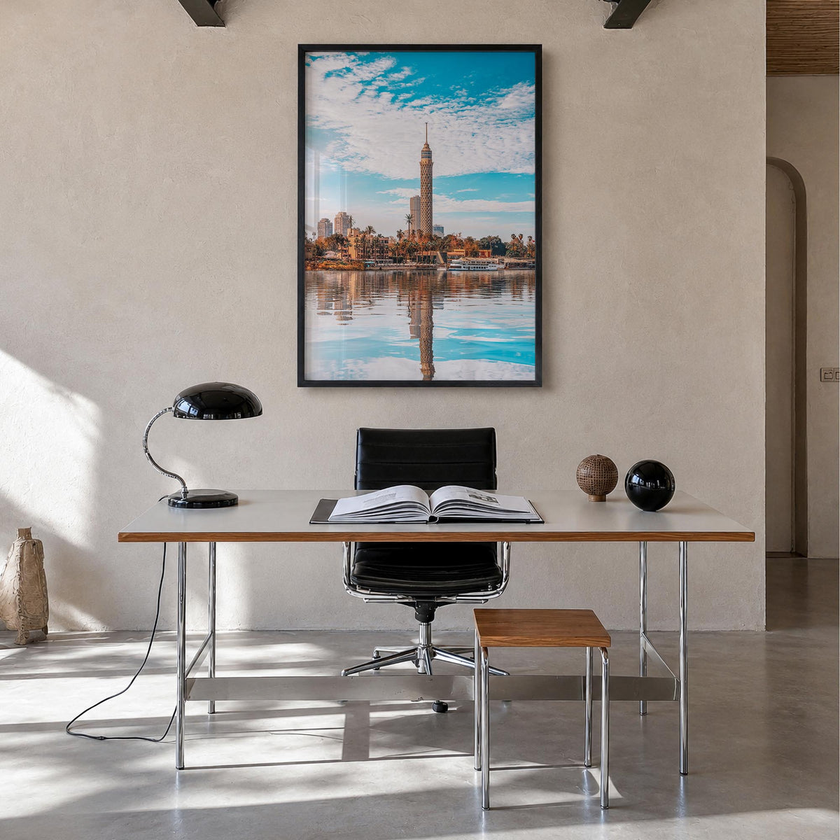 Cairo no. 1 colorful photo poster of Egypt – vertical wall art in black wood frame, hanging on wall