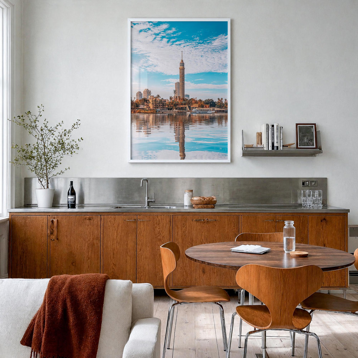 Cairo no. 1 colorful photo poster of Egypt – vertical wall art in white wood frame, hanging on wall