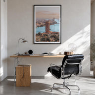 Cairo no. 2 colorful photo poster of Egypt – vertical wall art in black wood frame with white border, hanging on wall