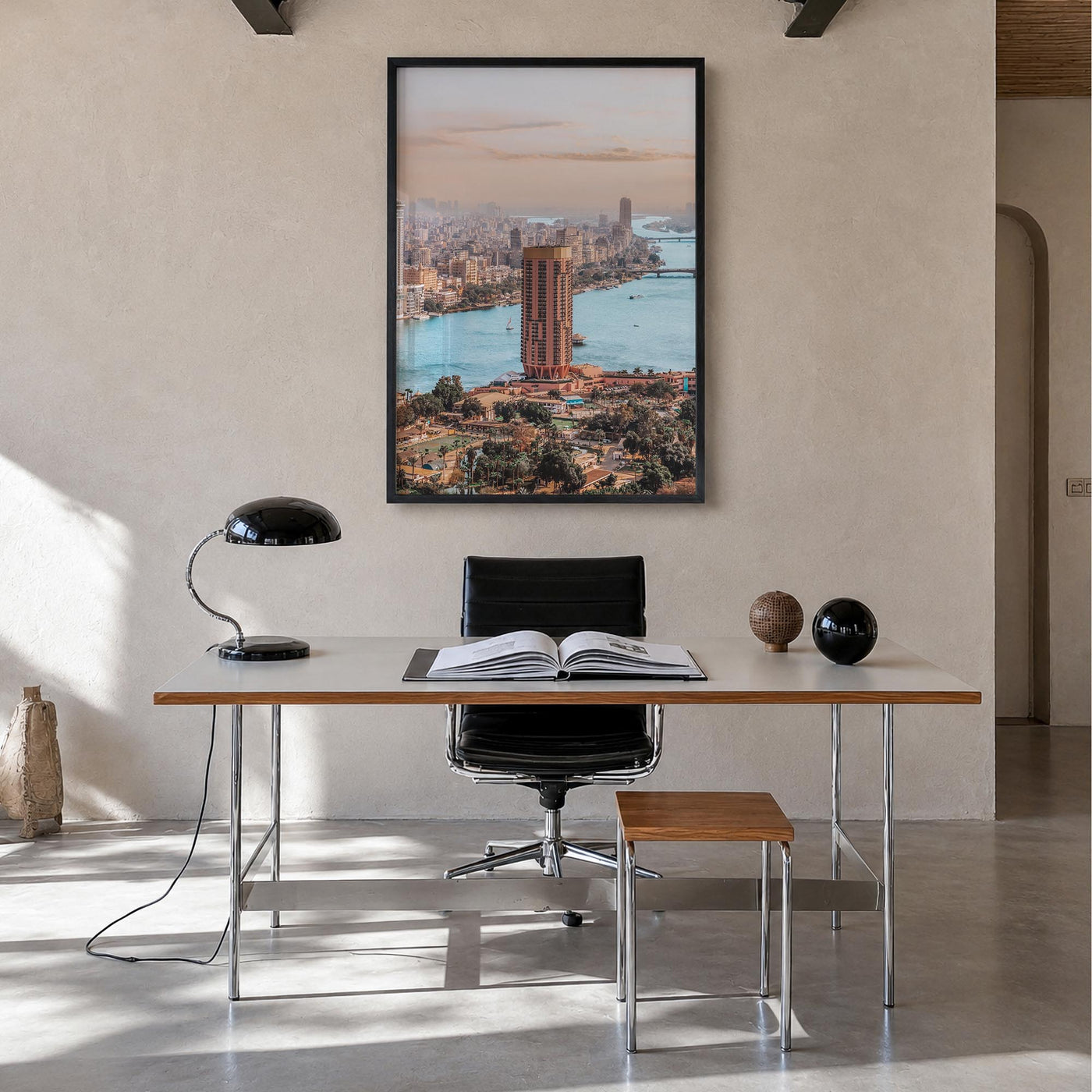 Cairo no. 2 colorful photo poster of Egypt – vertical wall art in black wood frame, hanging on wall