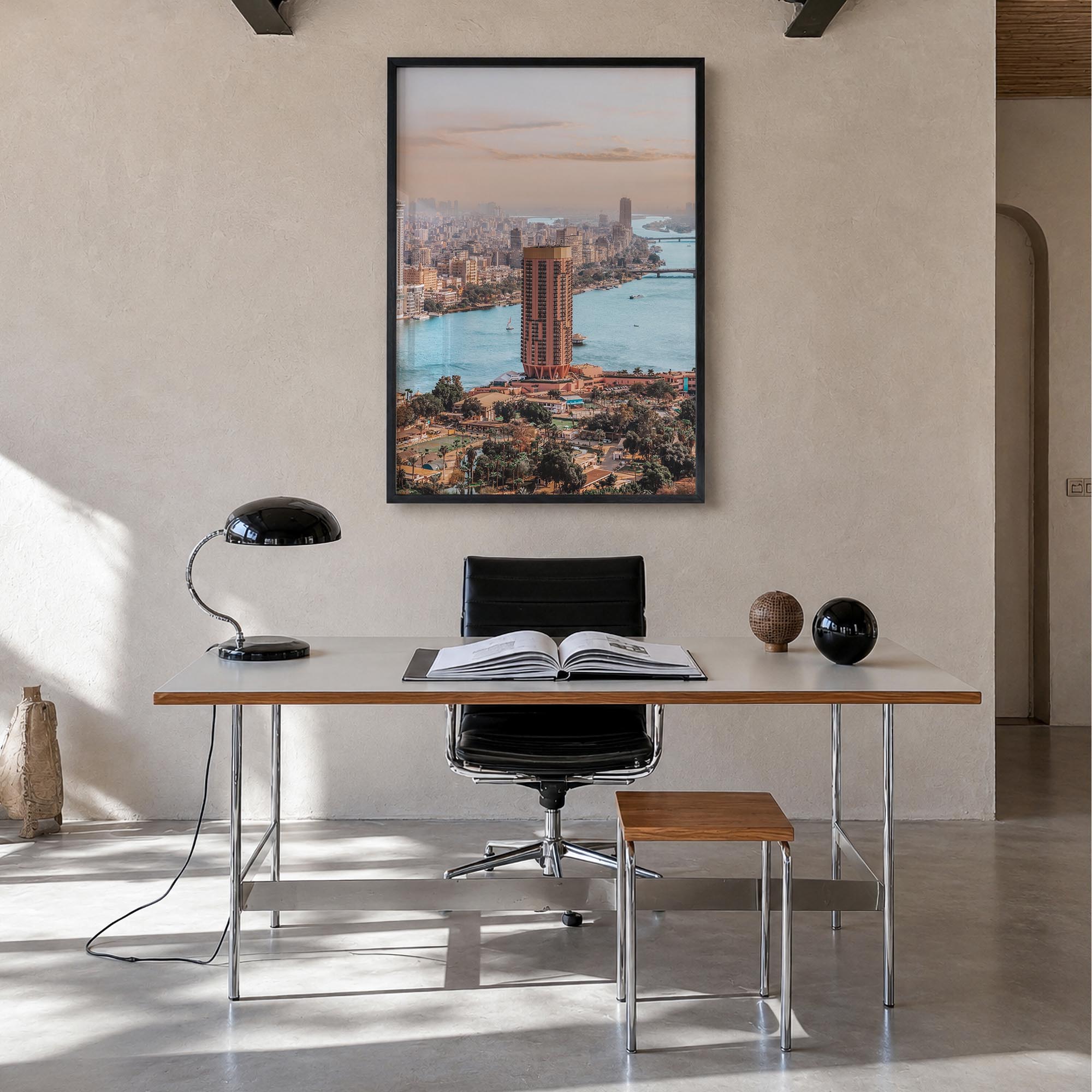 Cairo no. 2 colorful photo poster of Egypt – vertical wall art in black wood frame, hanging on wall