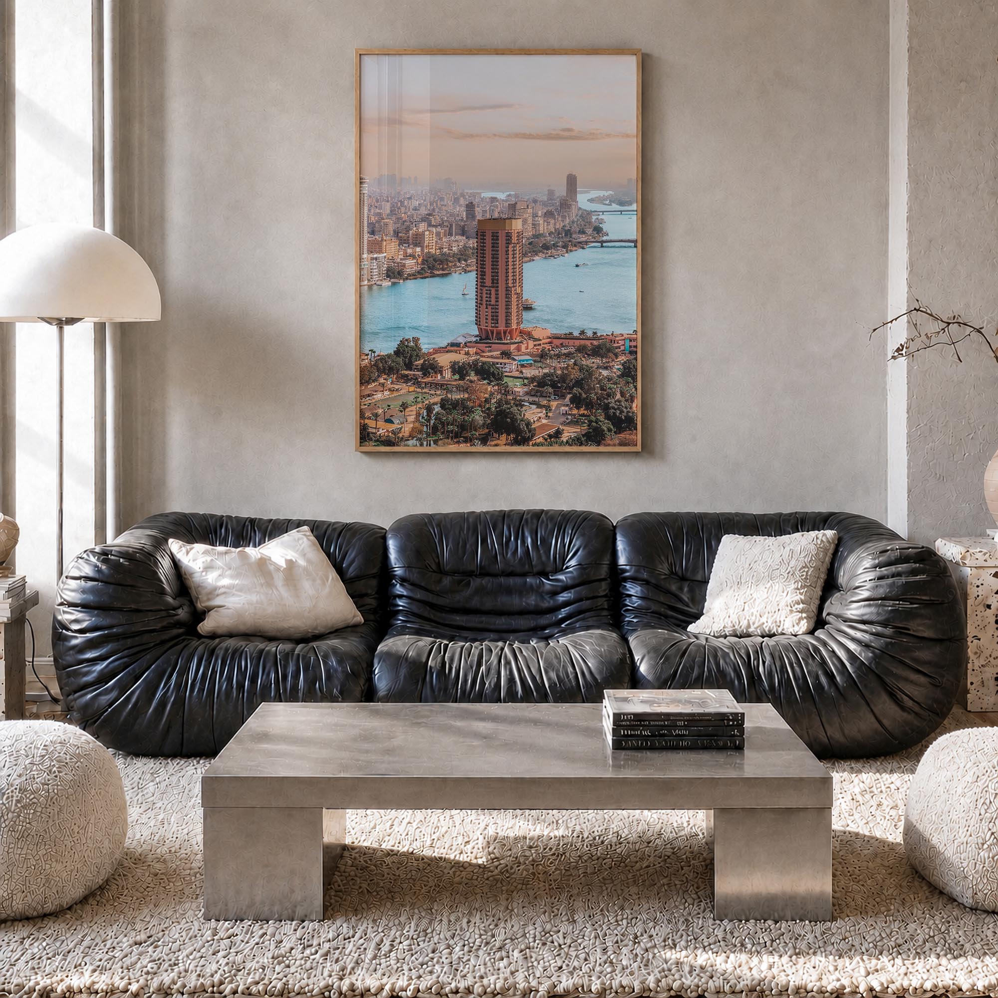 Cairo no. 2 colorful photo poster of Egypt – vertical wall art in natural wood frame, hanging on wall