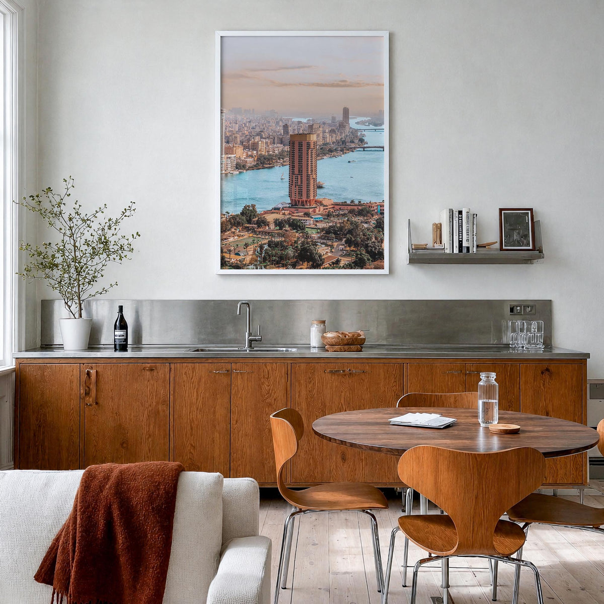 Cairo no. 2 colorful photo poster of Egypt – vertical wall art in white wood frame, hanging on wall