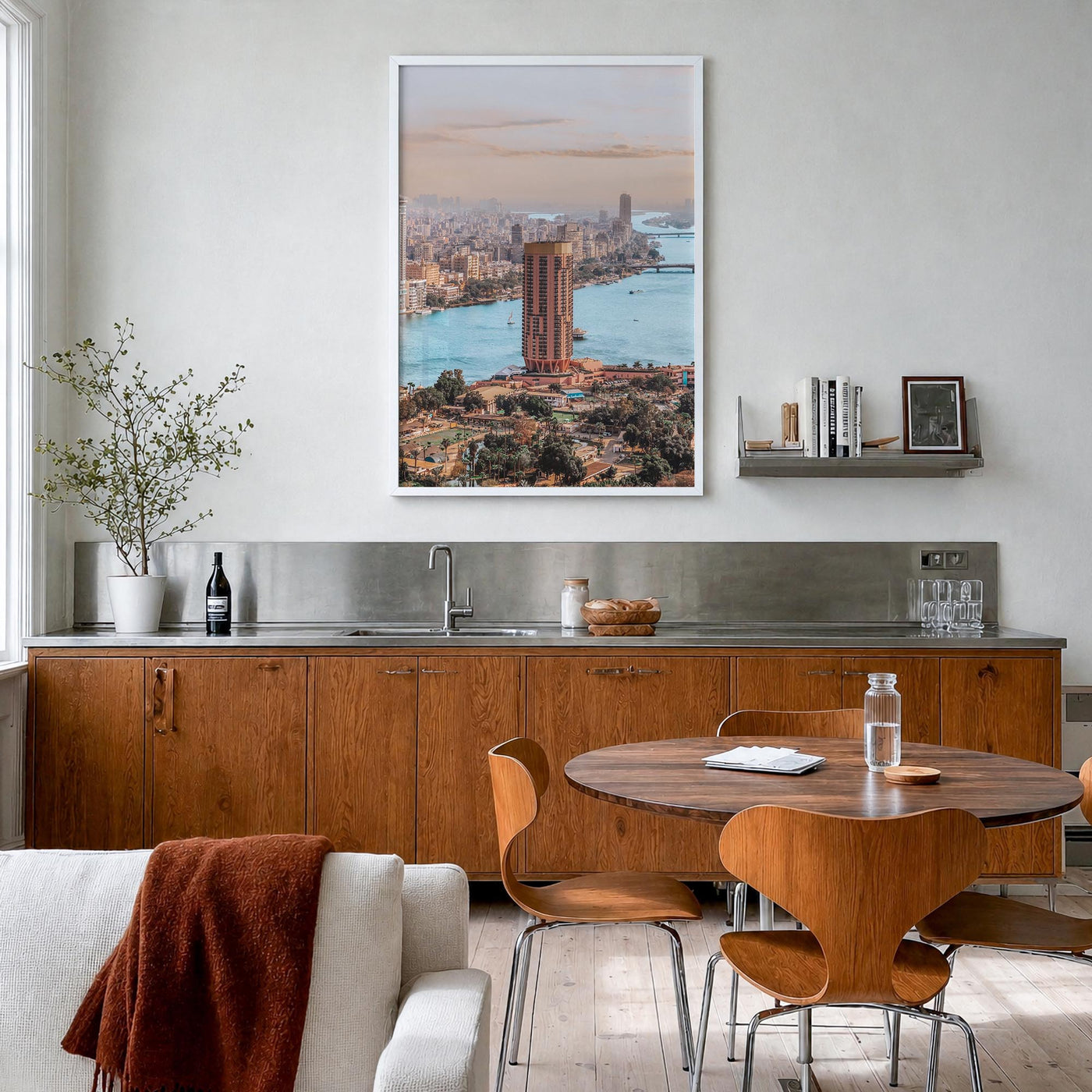 Cairo no. 2 colorful photo poster of Egypt – vertical wall art in white wood frame, hanging on wall