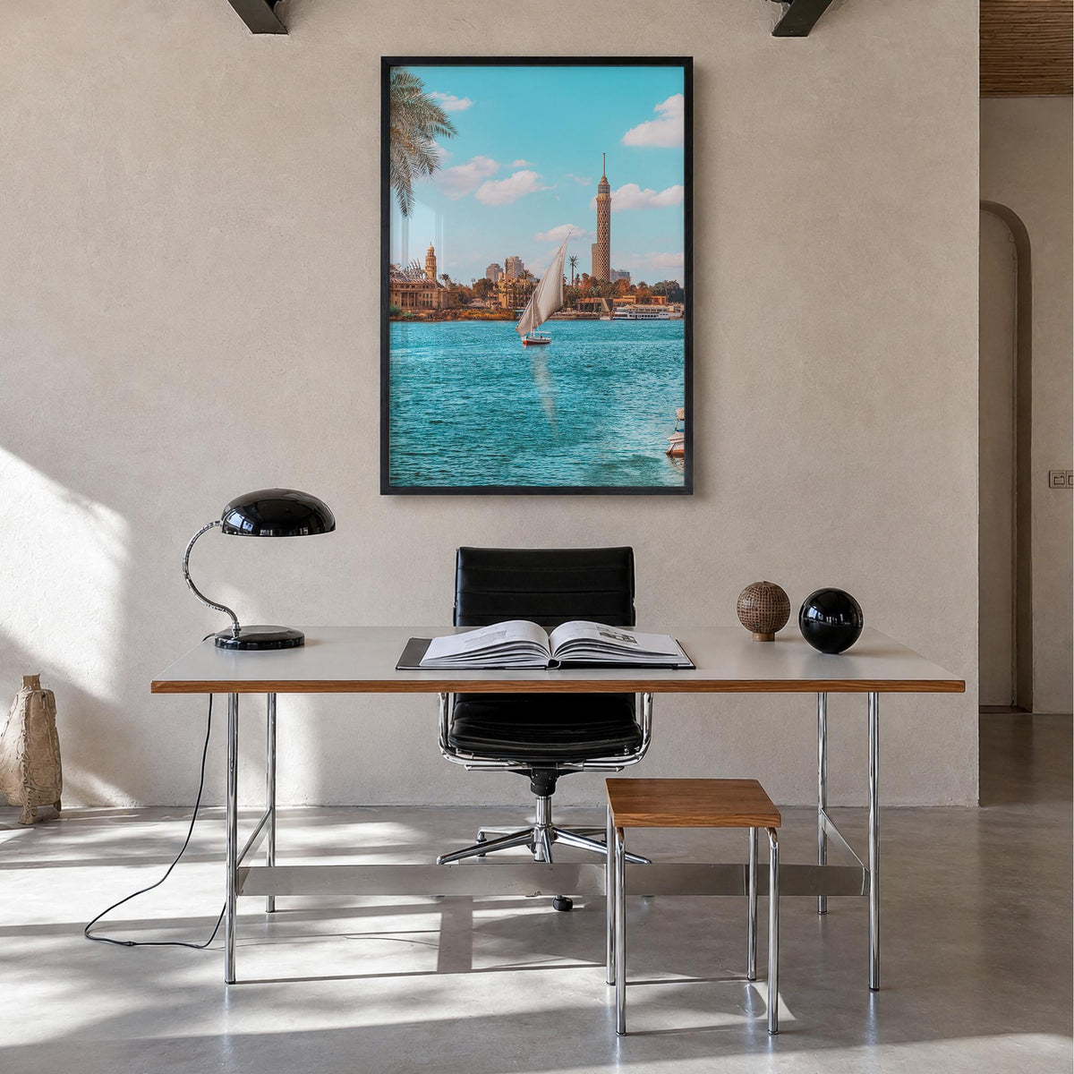 Cairo no. 3 colorful photo poster of Egypt – vertical wall art in black wood frame, hanging on wall
