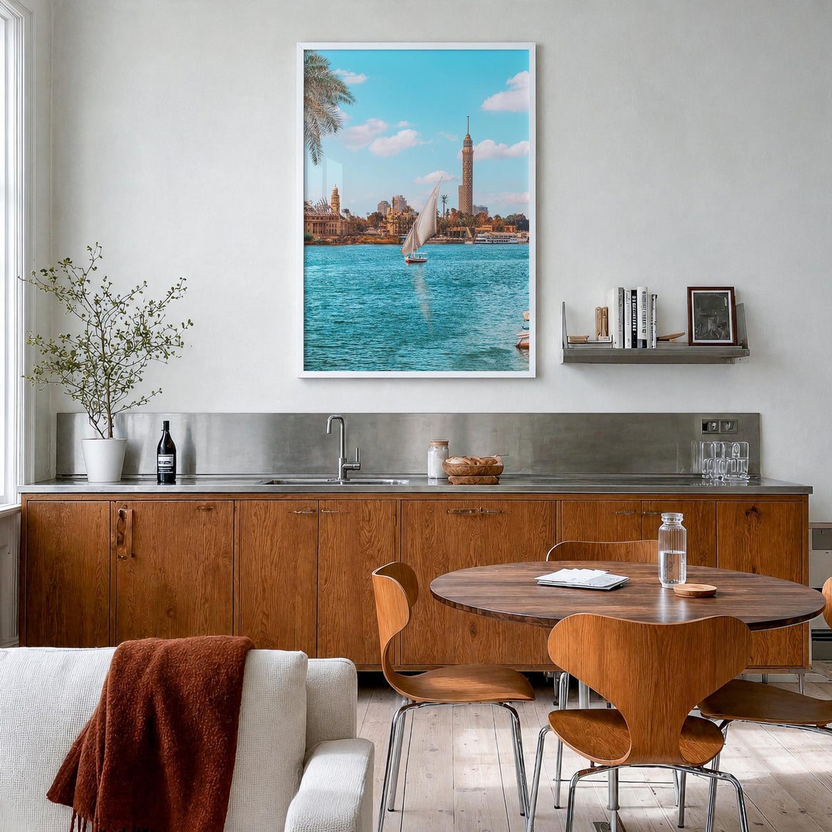 Cairo no. 3 colorful photo poster of Egypt – vertical wall art in white wood frame, hanging on wall
