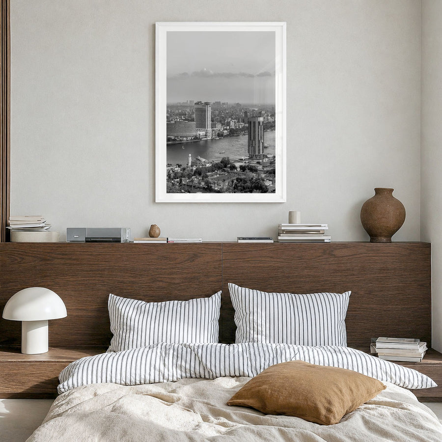 Cairo Photo Poster in a white wood frame, hanging in a bedroom, white border