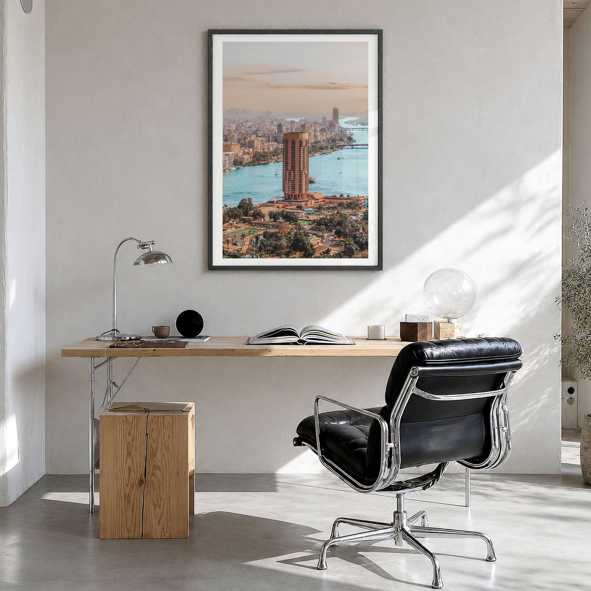 Cairo Photo No 2 Poster in a black wood frame, hanging in a bright home office, white border