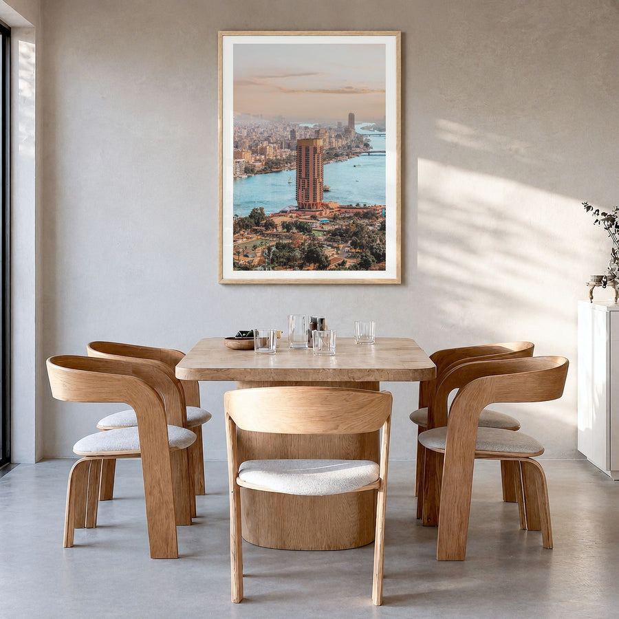 Cairo Photo No 2 Poster in a natural wood frame, hanging in a dining room, white border