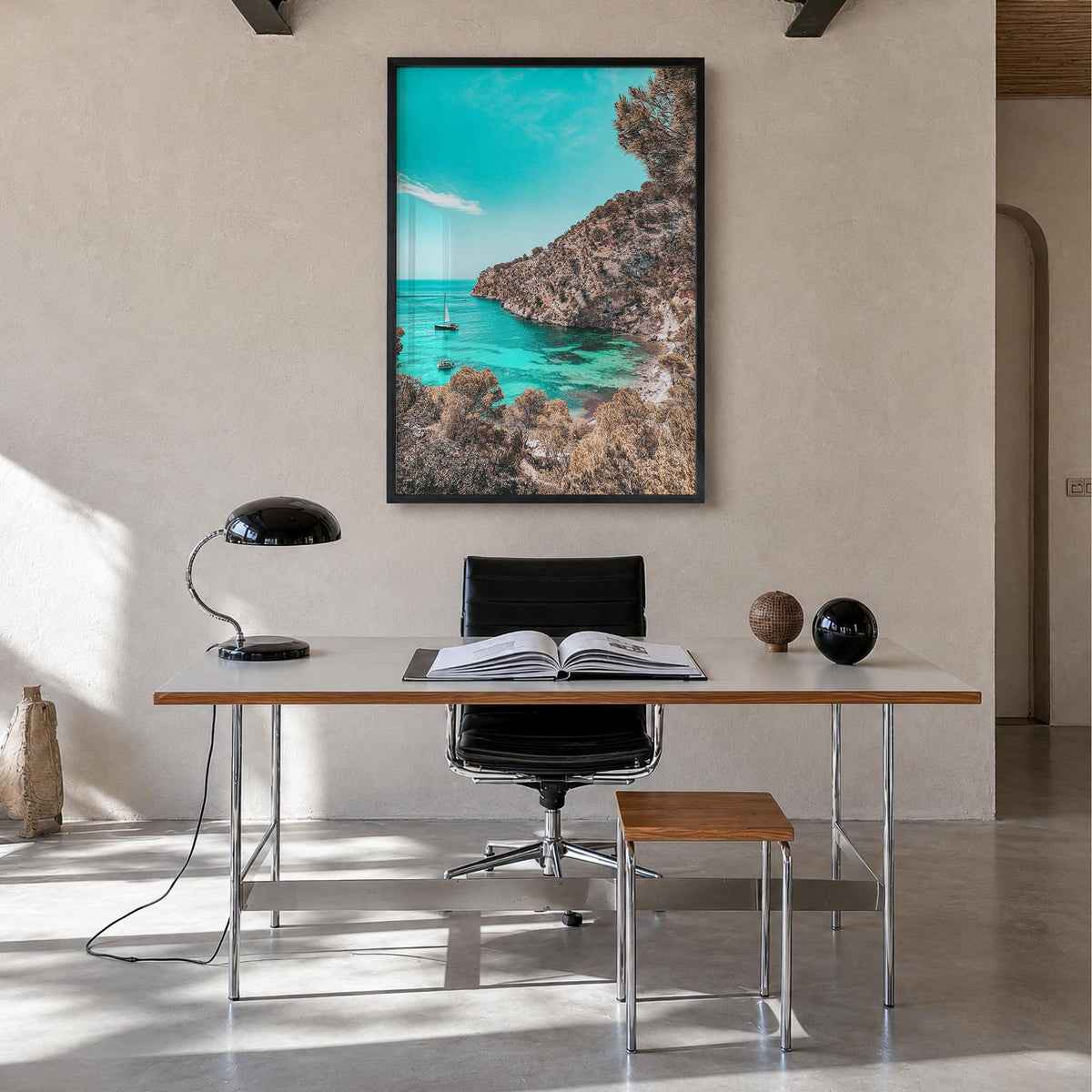 Cala Blanca colorful photo poster of Spain – vertical wall art in black wood frame, hanging on wall