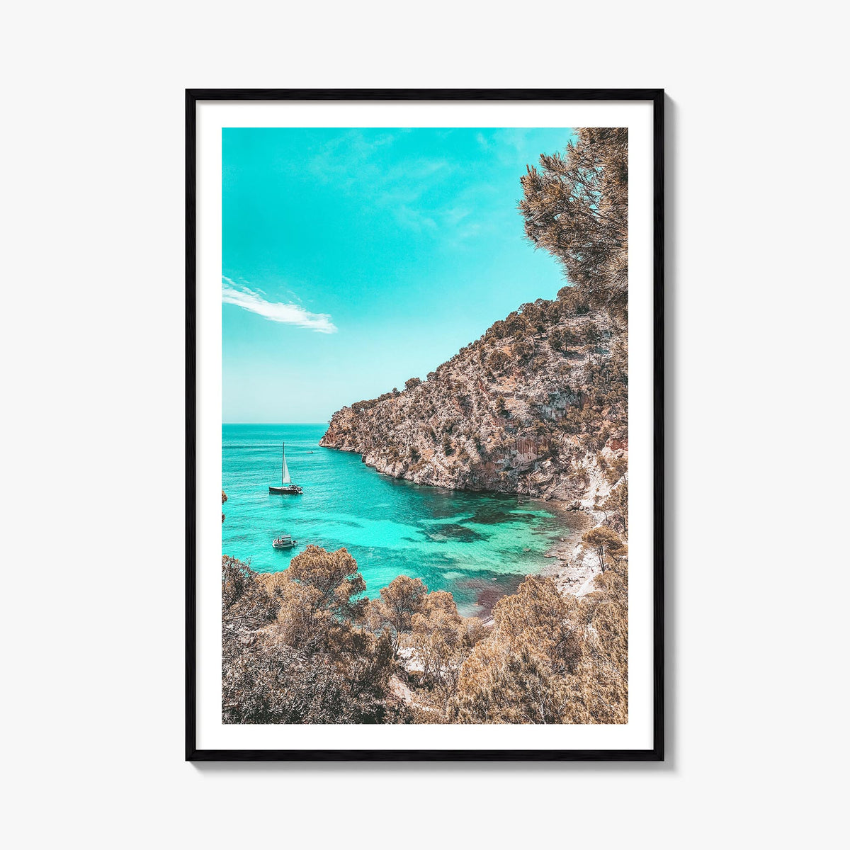 Cala Blanca colorful photo poster of Spain – vertical wall art, unframed print shown in interior mockup
