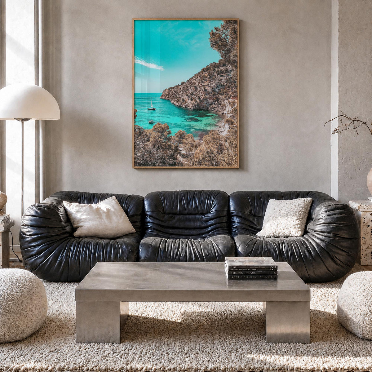Cala Blanca colorful photo poster of Spain – vertical wall art in natural wood frame, hanging on wall