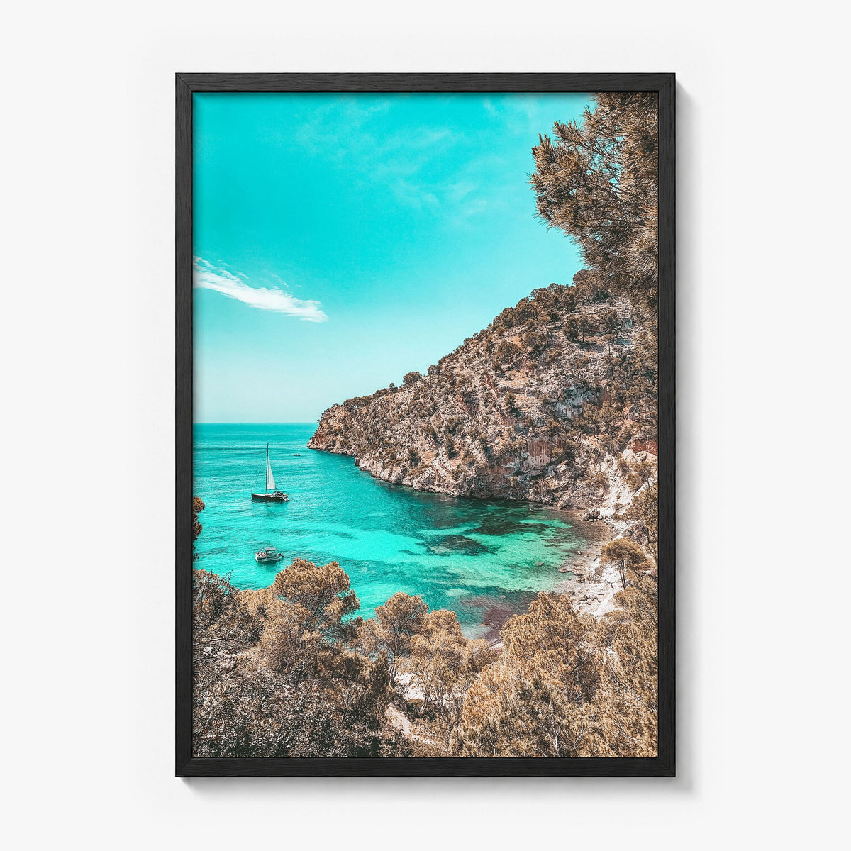 Cala Blanca Photo Poster in a black wood frame, full image (no border)