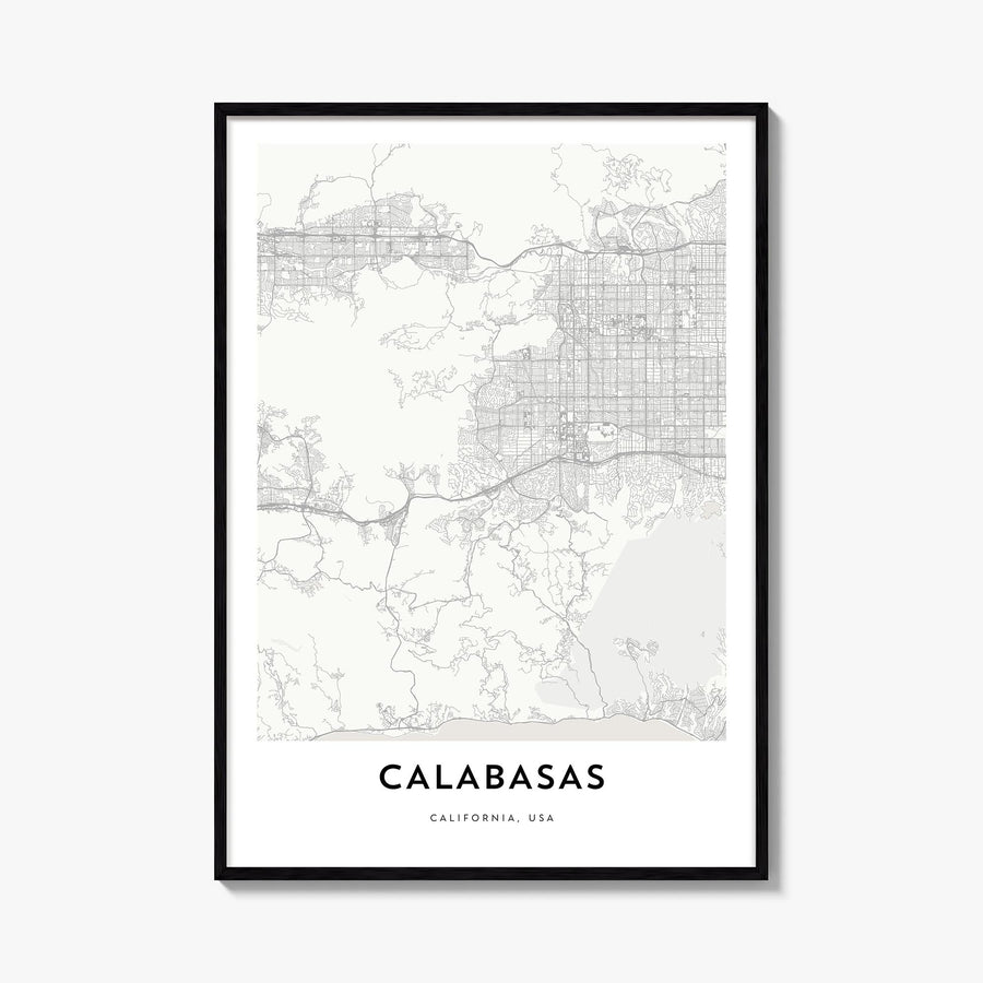 Calabasas black & white map poster of California, USA – vertical wall art, unframed print shown in interior mockup