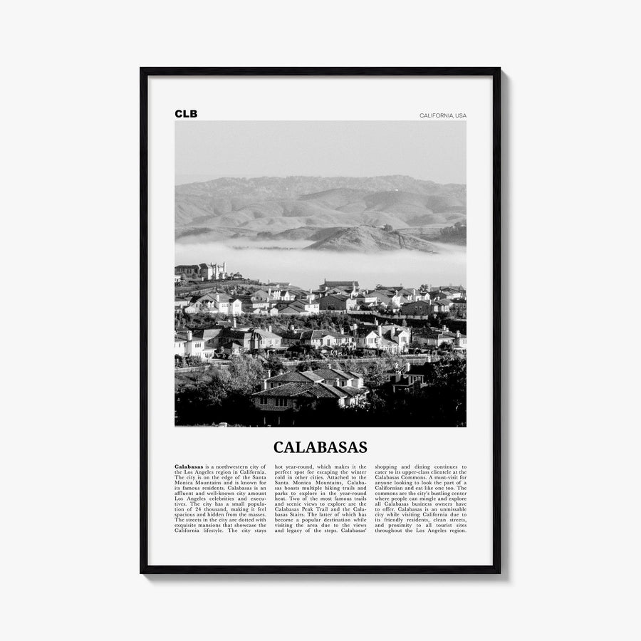 Calabasas black & white newspaper poster of California, USA – vertical wall art, unframed print shown in interior mockup