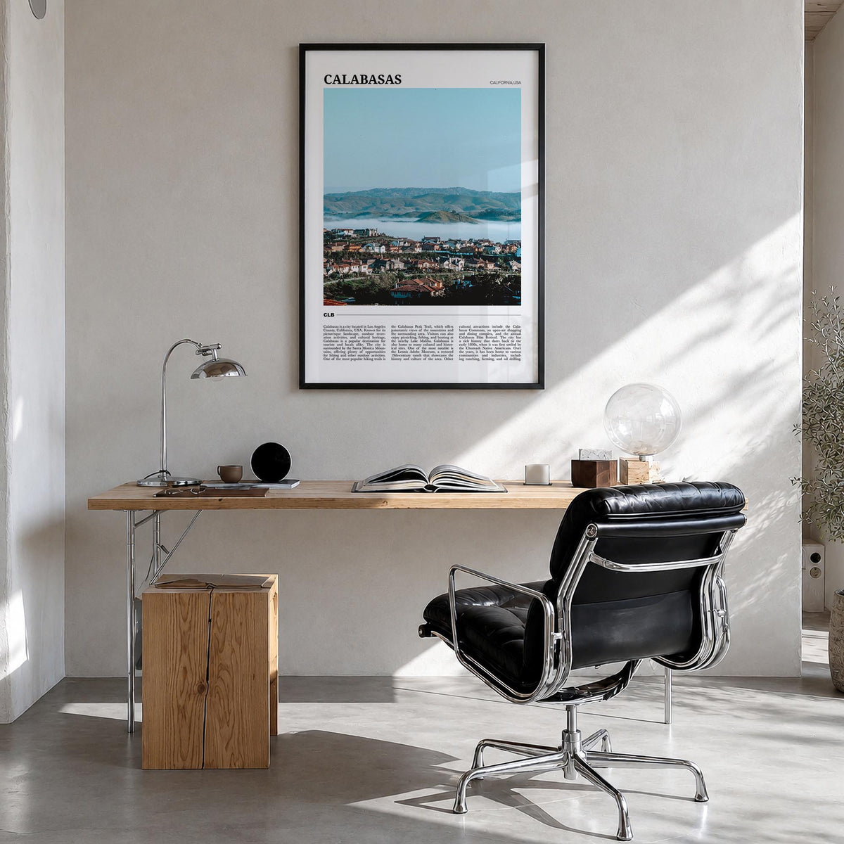 Calabasas colorful travel poster of California, USA – vertical wall art in black wood frame, hanging on wall