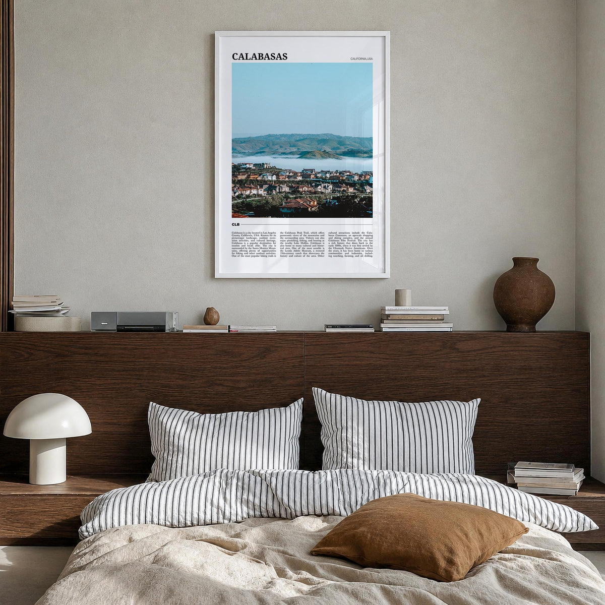 Calabasas colorful travel poster of California, USA – vertical wall art in white wood frame, hanging on wall