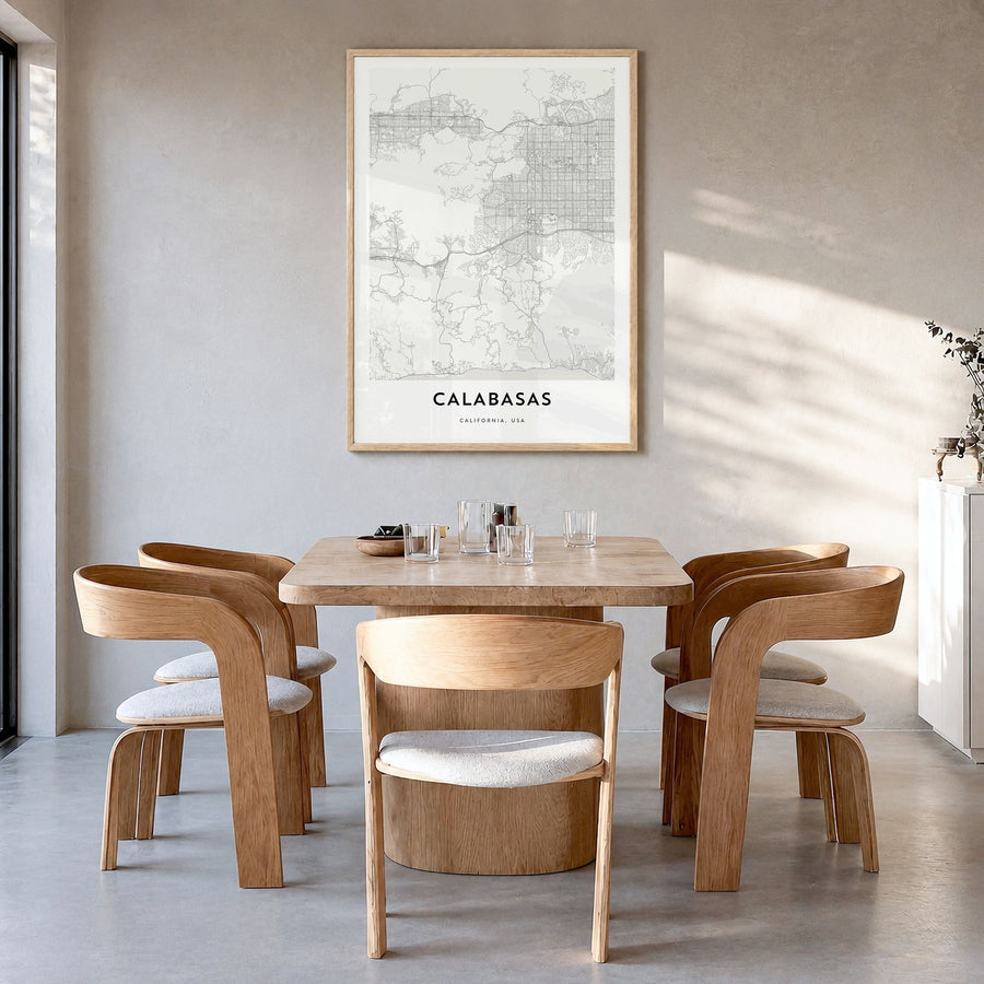 Calabasas Map Poster in a natural wood frame, hanging in a dining room