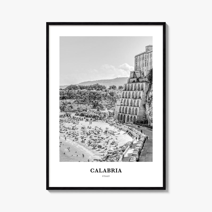 Calabria black & white classic poster of Italy – vertical wall art, unframed print shown in interior mockup