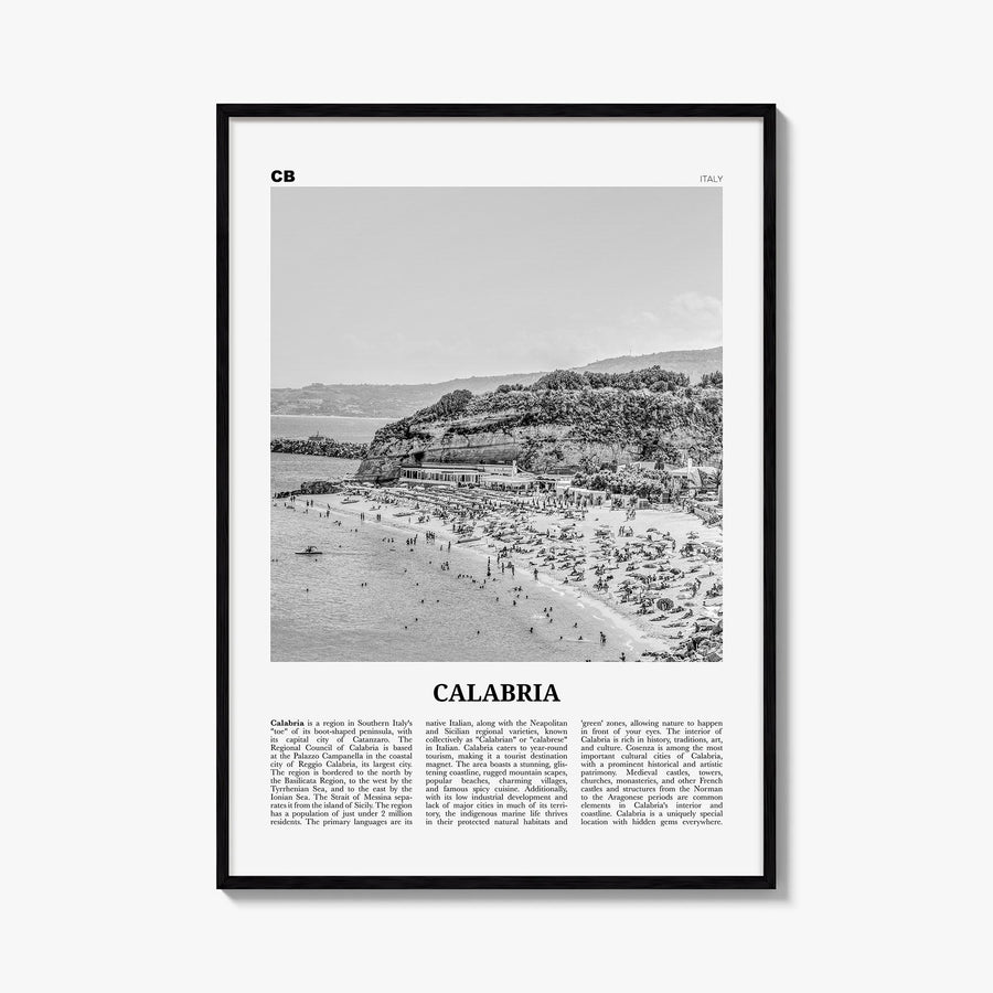 Calabria black & white newspaper poster of Italy – vertical wall art, unframed print shown in interior mockup