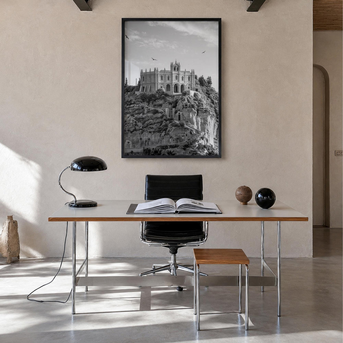 Calabria black & white photo poster of Italy – vertical wall art in black wood frame, hanging on wall