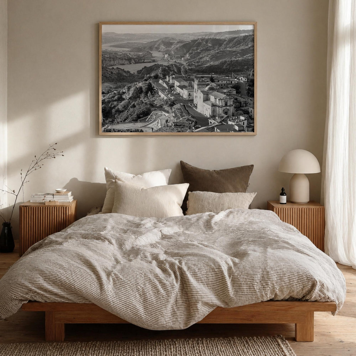 Calabria black & white photo poster of Italy – horizontal wall art in natural wood frame, hanging on wall