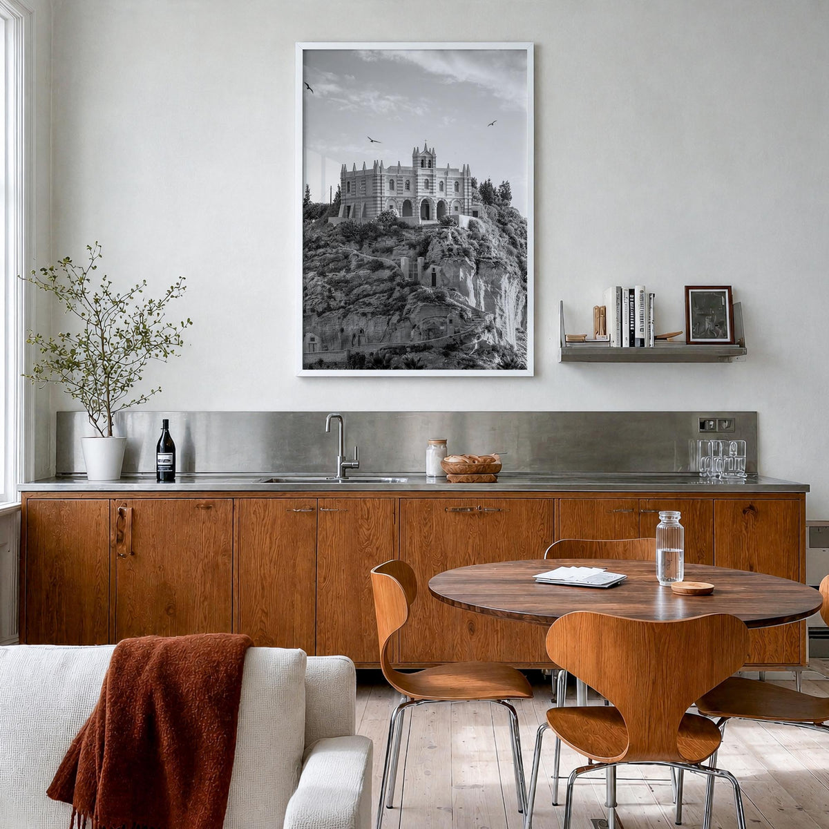 Calabria black & white photo poster of Italy – vertical wall art in white wood frame, hanging on wall