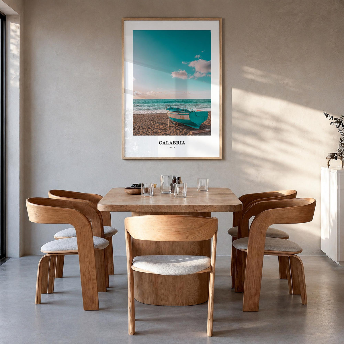 Calabria no. 1 colorful classic poster of Italy – vertical wall art in natural wood frame, hanging on wall