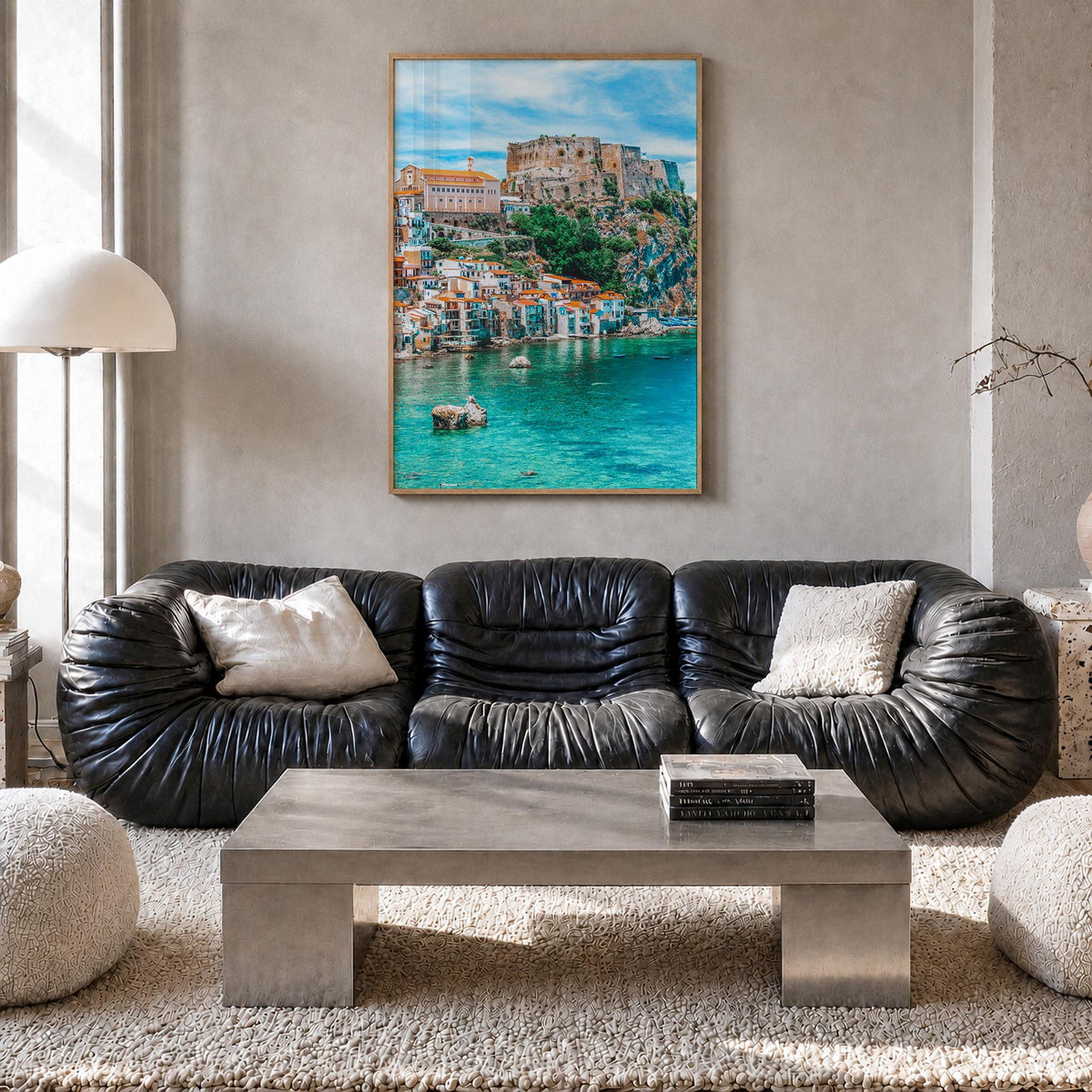 Calabria no. 1 colorful photo poster of Italy – vertical wall art in natural wood frame, hanging on wall