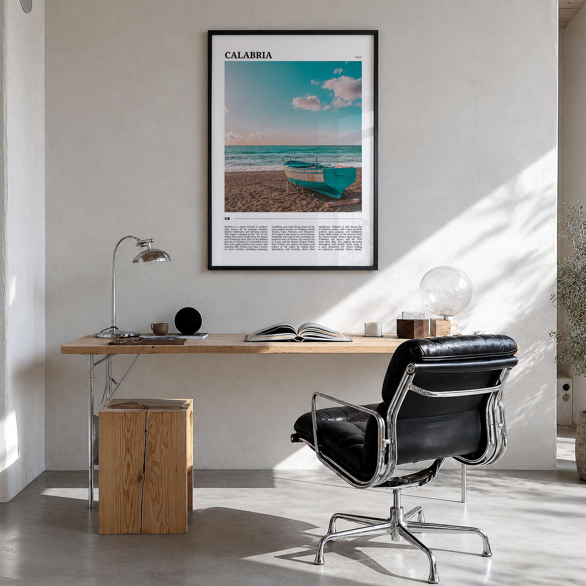 Calabria no. 1 colorful travel poster of Italy – vertical wall art in black wood frame, hanging on wall