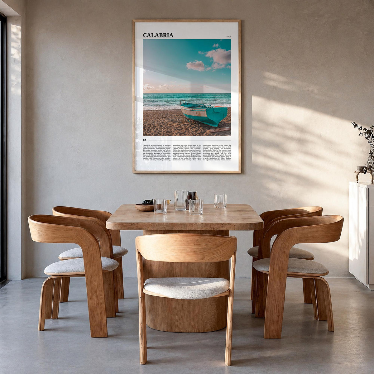 Calabria no. 1 colorful travel poster of Italy – vertical wall art in natural wood frame, hanging on wall