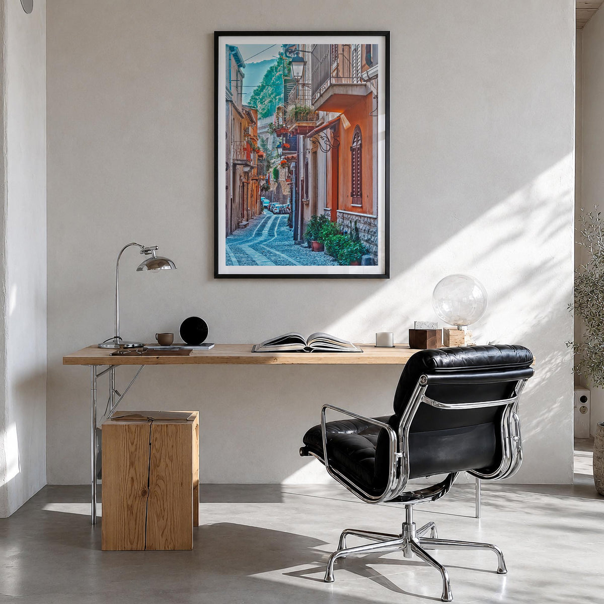 Calabria no. 2 colorful photo poster of Italy – vertical wall art in black wood frame with white border, hanging on wall