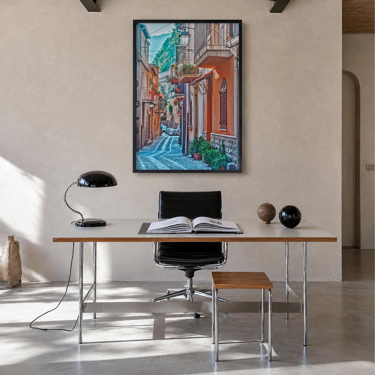 Calabria no. 2 colorful photo poster of Italy – vertical wall art in black wood frame, hanging on wall