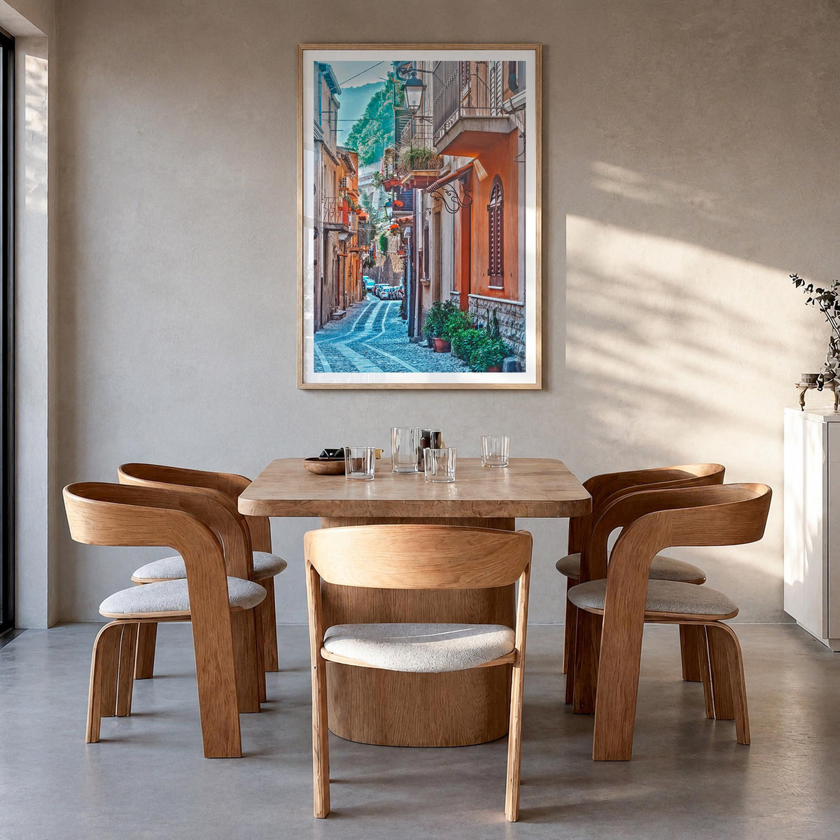 Calabria no. 2 colorful photo poster of Italy – vertical wall art in natural wood frame with white border, hanging on wall